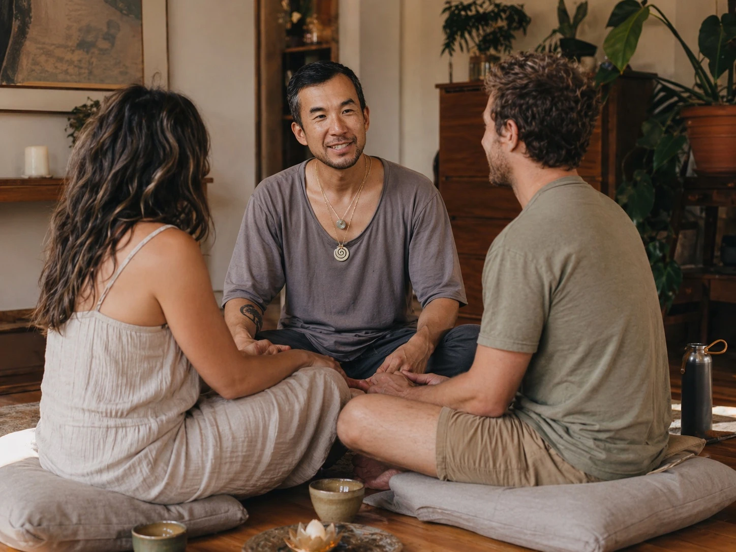 Edmond coaching a couple in a warm Boulder room, tea and cushions between them