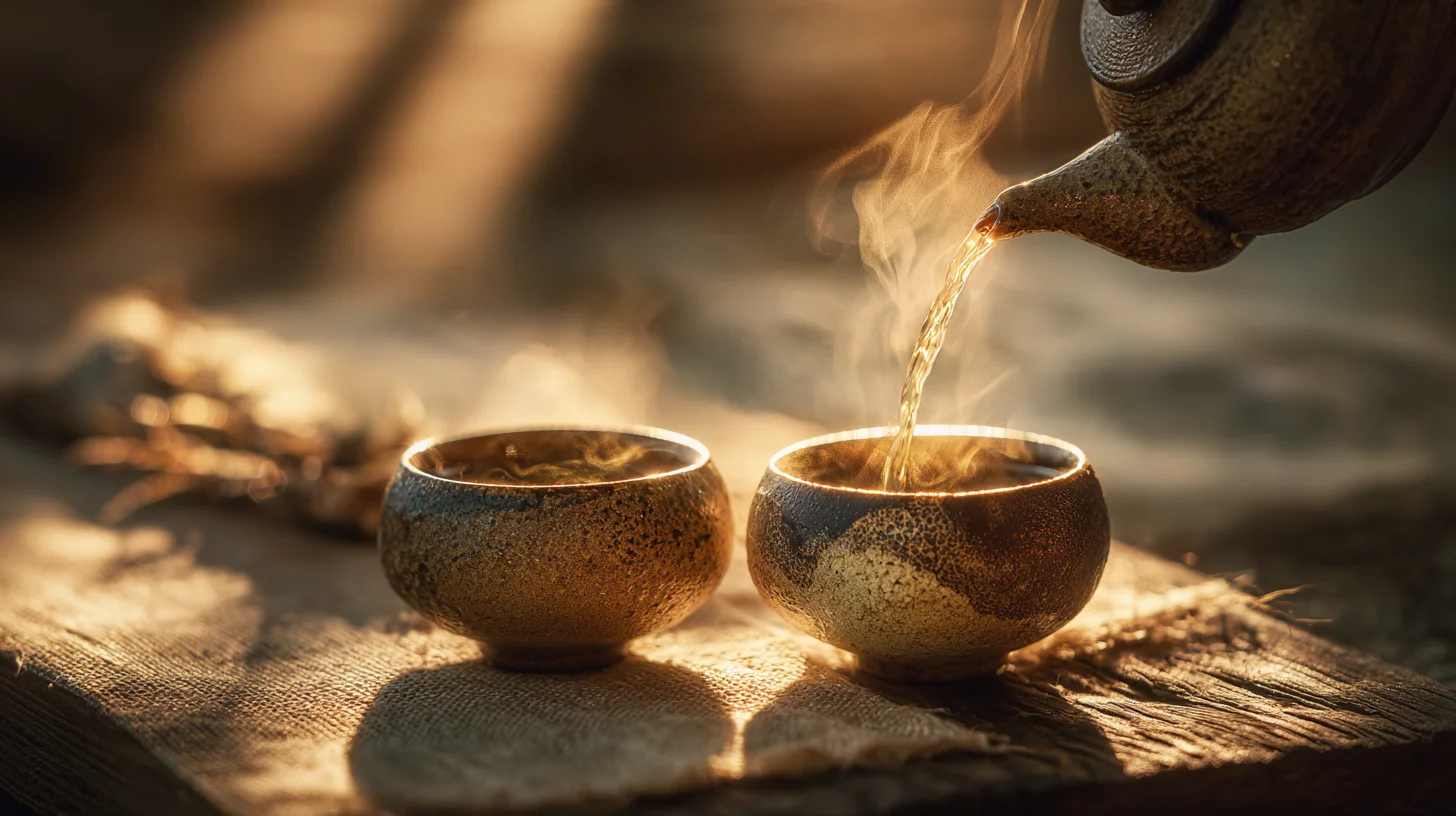 Tea ceremony setup with ceramic teapot and cups on wooden table
